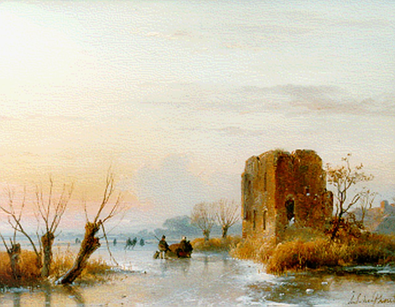 Schelfhout A.  | Andreas Schelfhout, IJsgezichtje met ruine bij avond, olieverf op paneel 20,7 x 27,0 cm, gesigneerd rechtsonder
