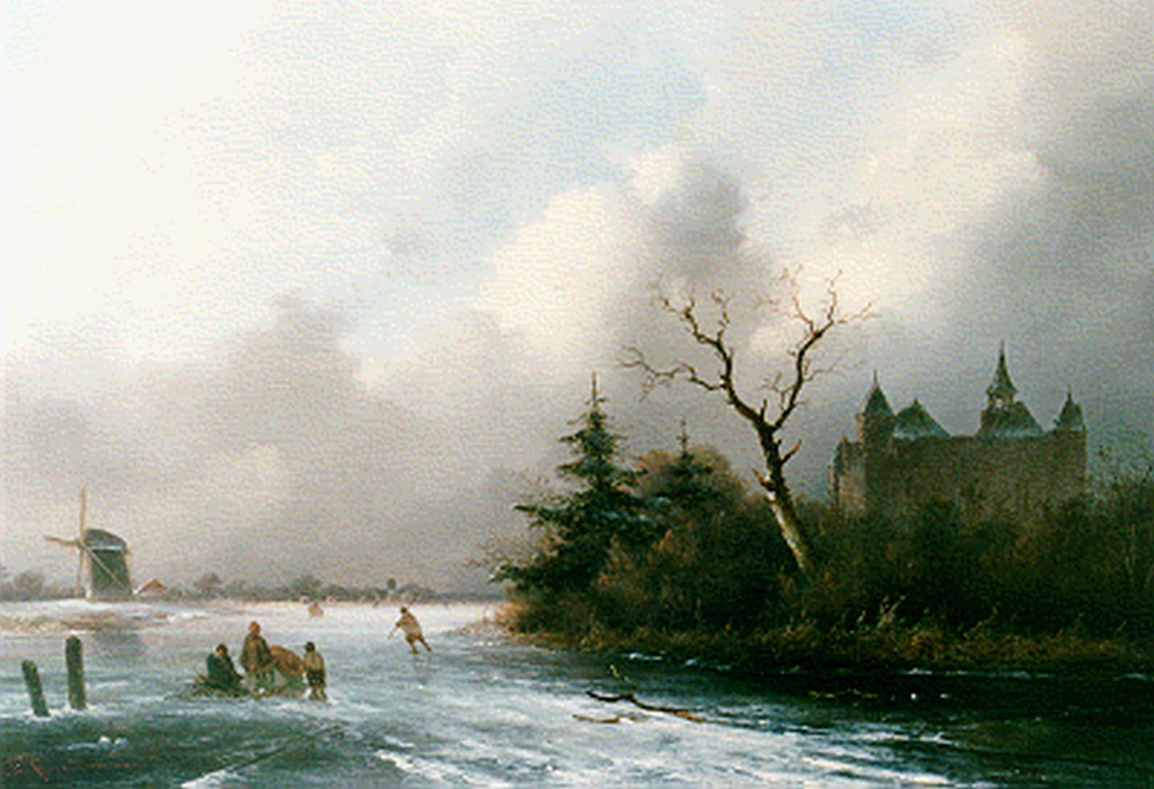 Hoppenbrouwers J.F.  | Johannes Franciscus Hoppenbrouwers, Kasteel in winterlandschap met schaatsers, olieverf op paneel 32,0 x 46,1 cm, gesigneerd linksonder