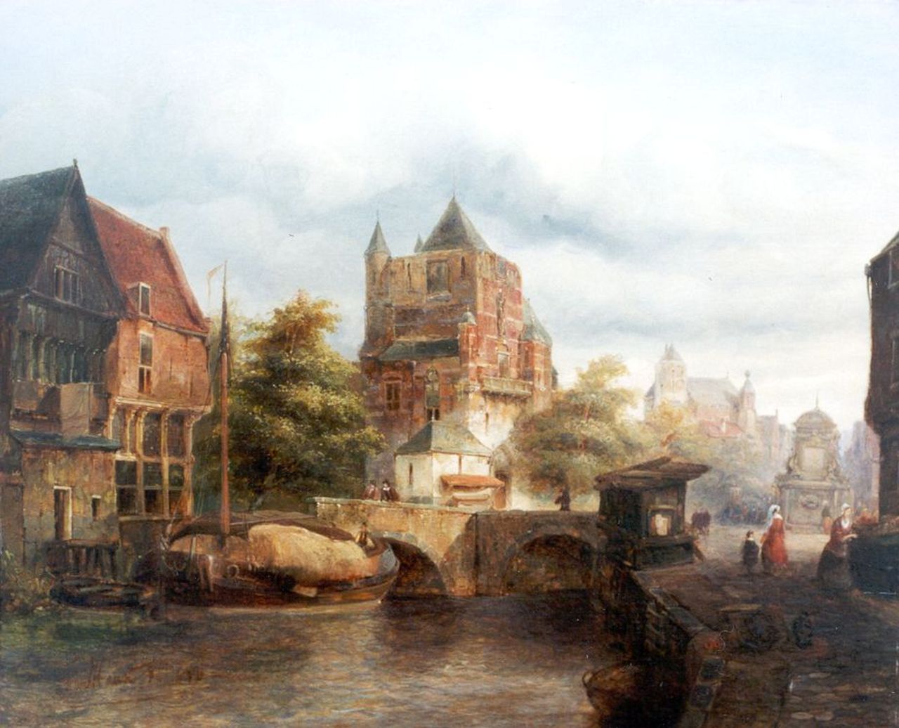 Haan D. de | Dirk de Haan, Stadsgezicht met brug en veel bevolking, olieverf op paneel 39,8 x 49,0 cm, gesigneerd linksonder en gedateerd 1850