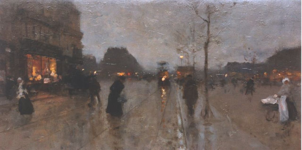 Loir A.F.J.  | Aloys François Joseph 'Luigi' Loir, Straatscene bij avond, olieverf op doek 32,5 x 56,0 cm, gesigneerd rechtsonder