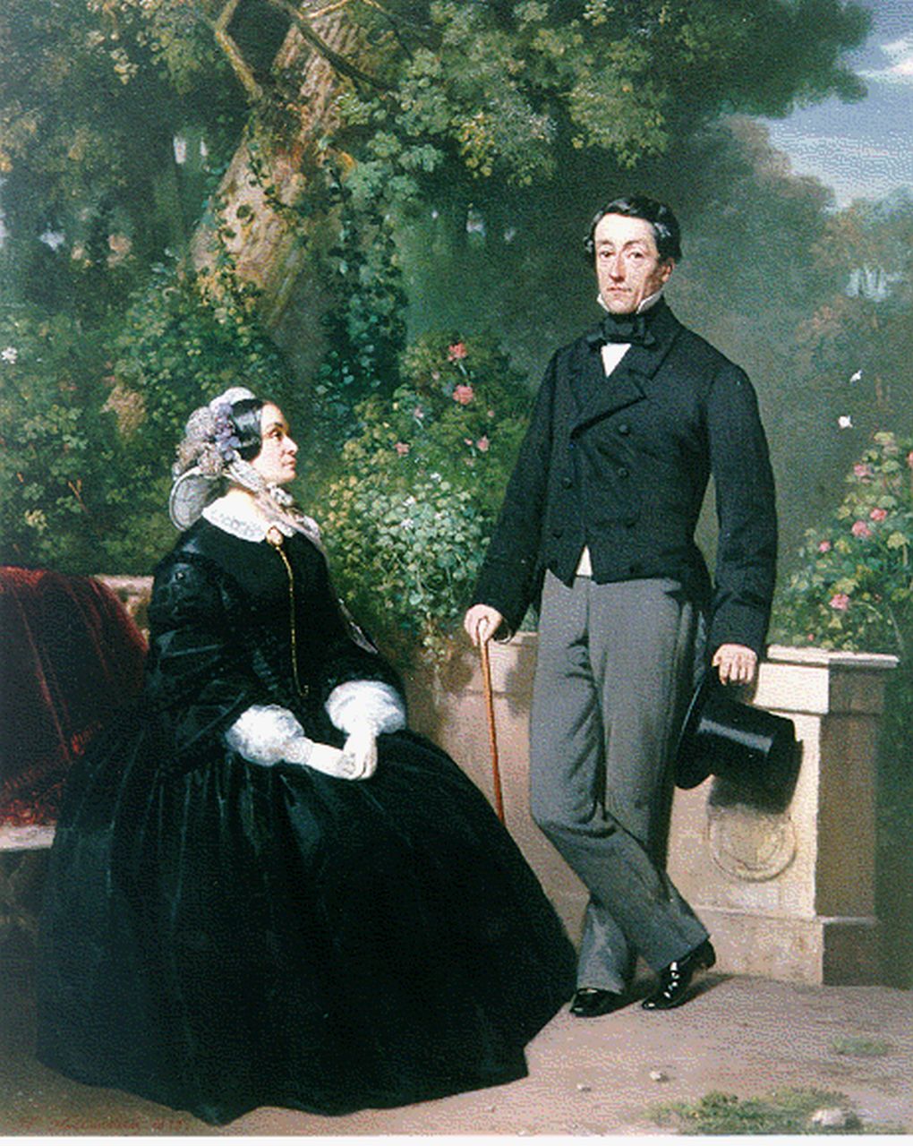 Hollander Cz H.  | Hendrik Hollander Cz, Portret van een voornaam echtpaar in een park, olieverf op paneel 56,0 x 44,5 cm, gesigneerd linksonder