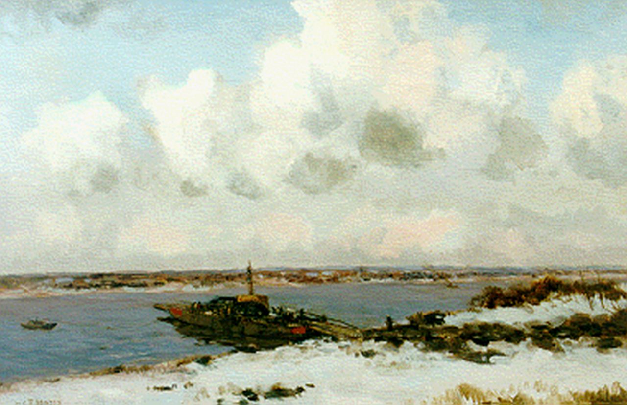 Jansen W.G.F.  | 'Willem' George Frederik Jansen, Overzetveer bij Wessem in de winter, olieverf op doek 60,5 x 90,5 cm, gesigneerd linksboven