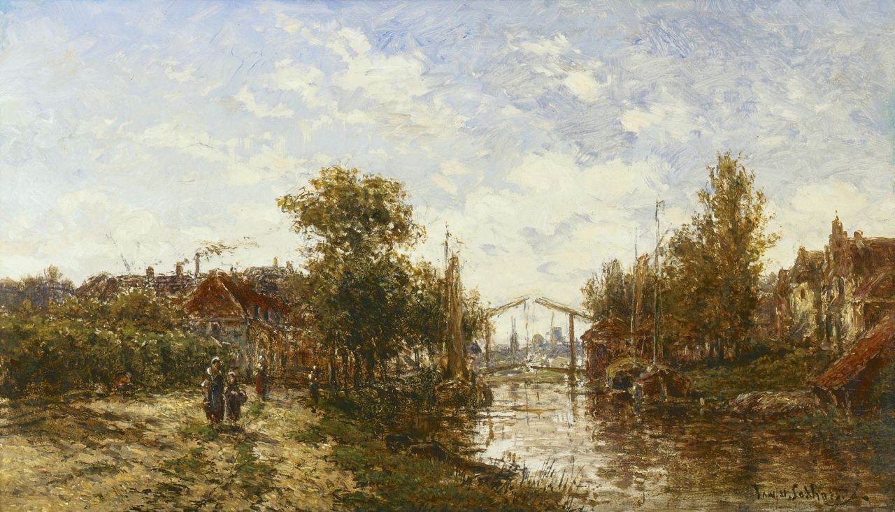Jan van Lokhorst | Dorpsgezicht aan riviertje (omg. Utrecht), olieverf op paneel, 22,2 x 38,0 cm, gesigneerd r.o. achterzijde en gedateerd 1885