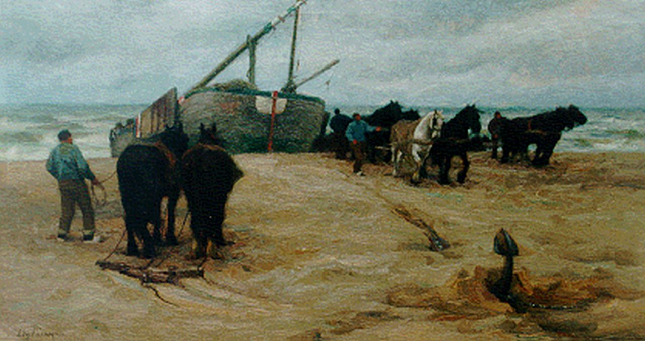 Farasijn E.  | Edgard Farasijn, Het binnenhalen van de bomschuit, olieverf op doek 72,6 x 133,0 cm, gesigneerd linksonder