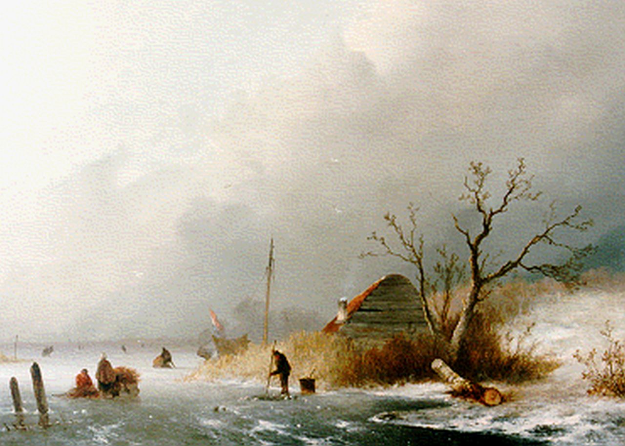 Hoppenbrouwers J.F.  | Johannes Franciscus Hoppenbrouwers, Winters ijsgezicht met schaatsers, olieverf op paneel 34,1 x 47,8 cm, gesigneerd linksonder en gedateerd '52