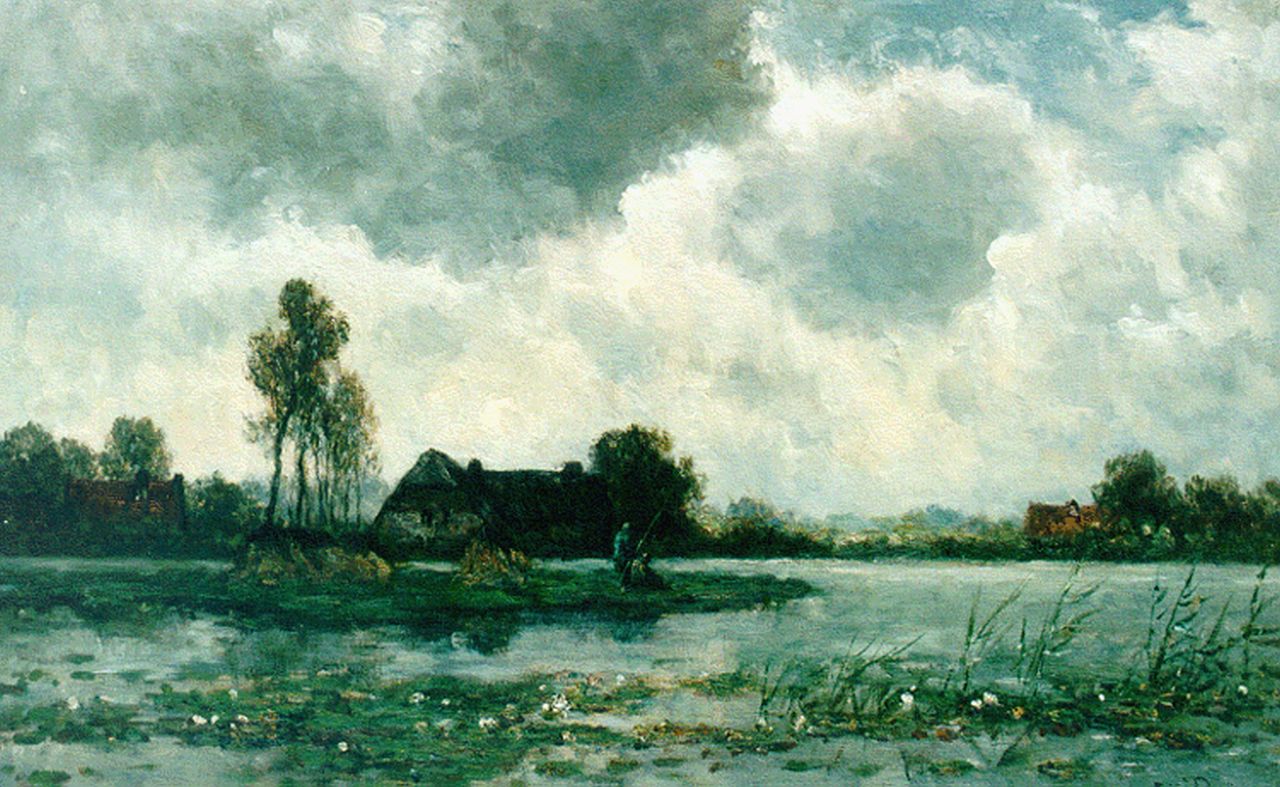 Roelofs W.  | Willem Roelofs, Polderlandschap met hengelaars, olieverf op doek 47,5 x 74,5 cm, gesigneerd rechtsonder
