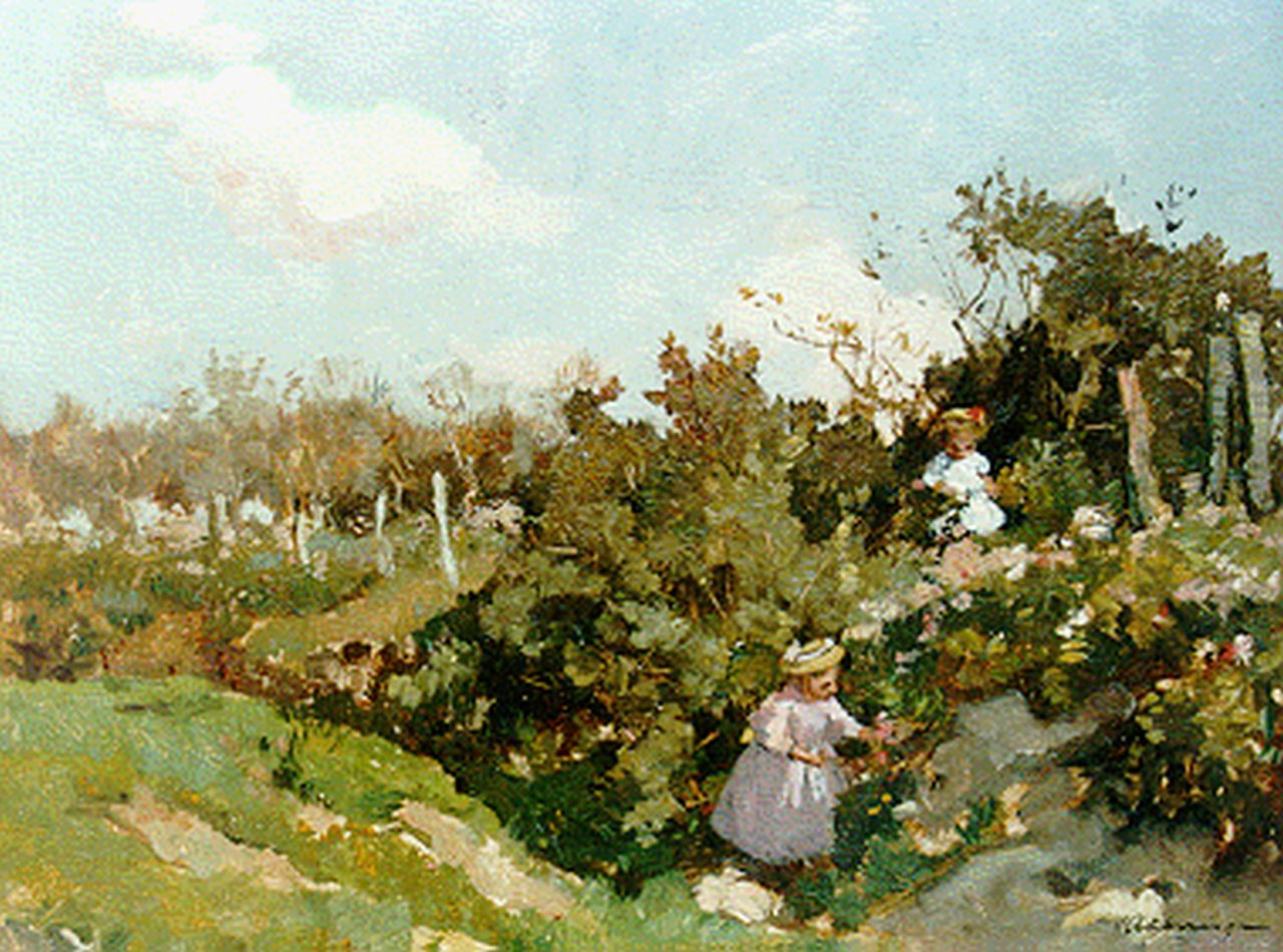 Akkeringa J.E.H.  | 'Johannes Evert' Hendrik Akkeringa, Kinderen plukken bloemen, olieverf op paneel 32,3 x 40,0 cm, gesigneerd rechtsonder