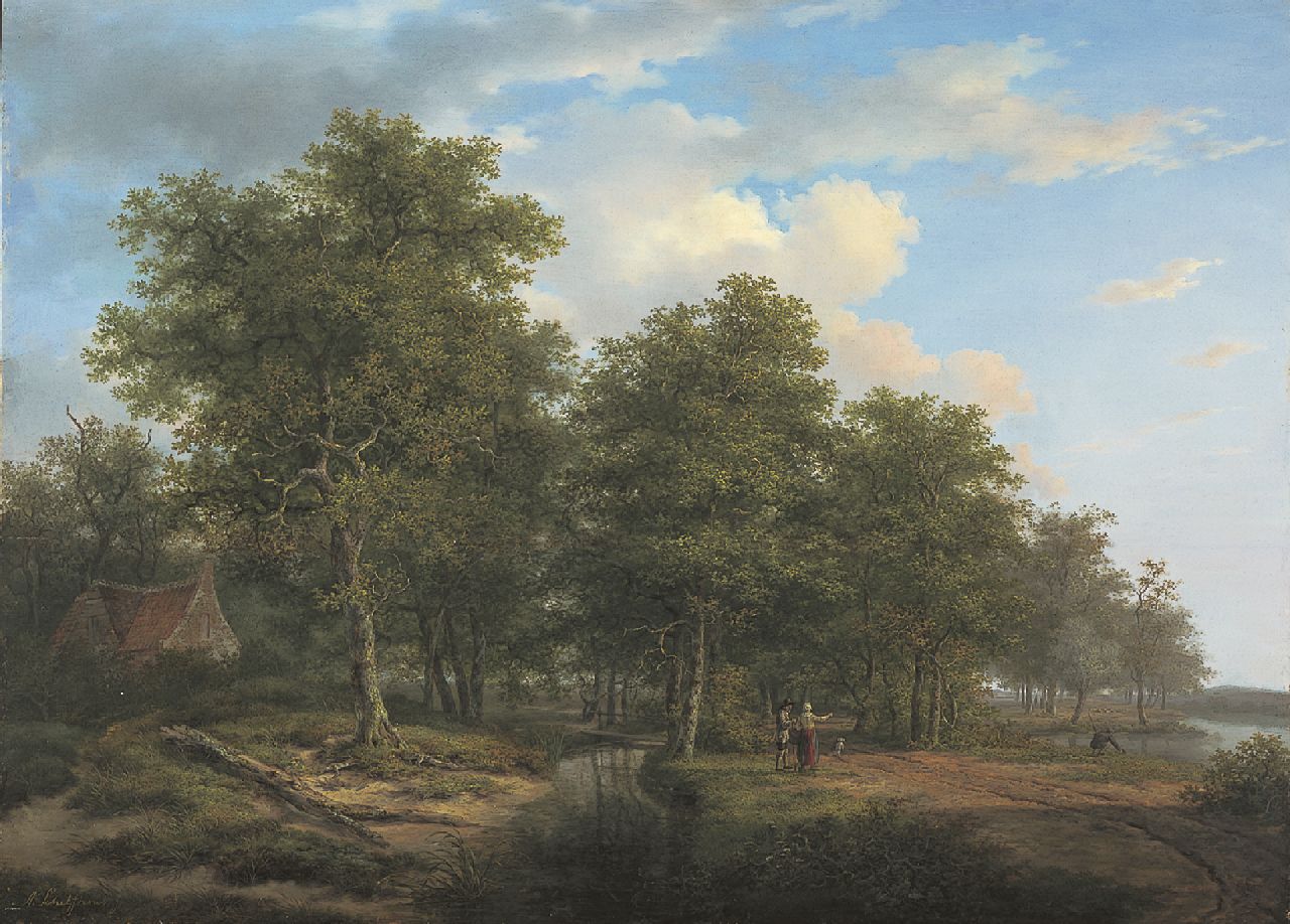 Schelfhout A.  | Andreas Schelfhout, Zomerlandschap met riviertje en figuren, olieverf op paneel 52,8 x 72,5 cm, gesigneerd linksonder en te dateren ca. 1815