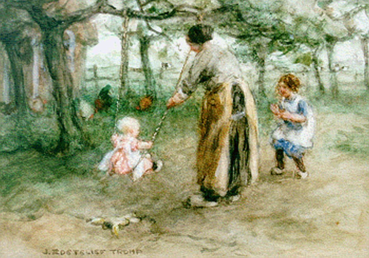 Zoetelief Tromp J.  | Johannes 'Jan' Zoetelief Tromp, Schommelen in de boomgaard, aquarel op papier 26,8 x 36,8 cm, gesigneerd linksonder