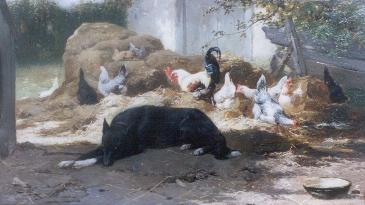 Maes E.R.  | Eugène Remy Maes, On duty, hond bewaakt de kippen, olieverf op paneel 20,5 x 36,0 cm, gesigneerd linksonder