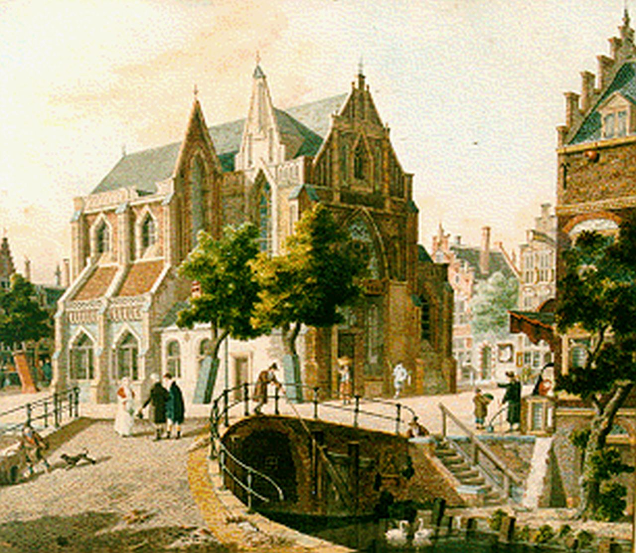 Verheijen J.H.  | Jan Hendrik Verheijen, Stadsgezicht met wandelaars, aquarel op papier 36,0 x 41,5 cm, gesigneerd middenonder en gedateerd 1811