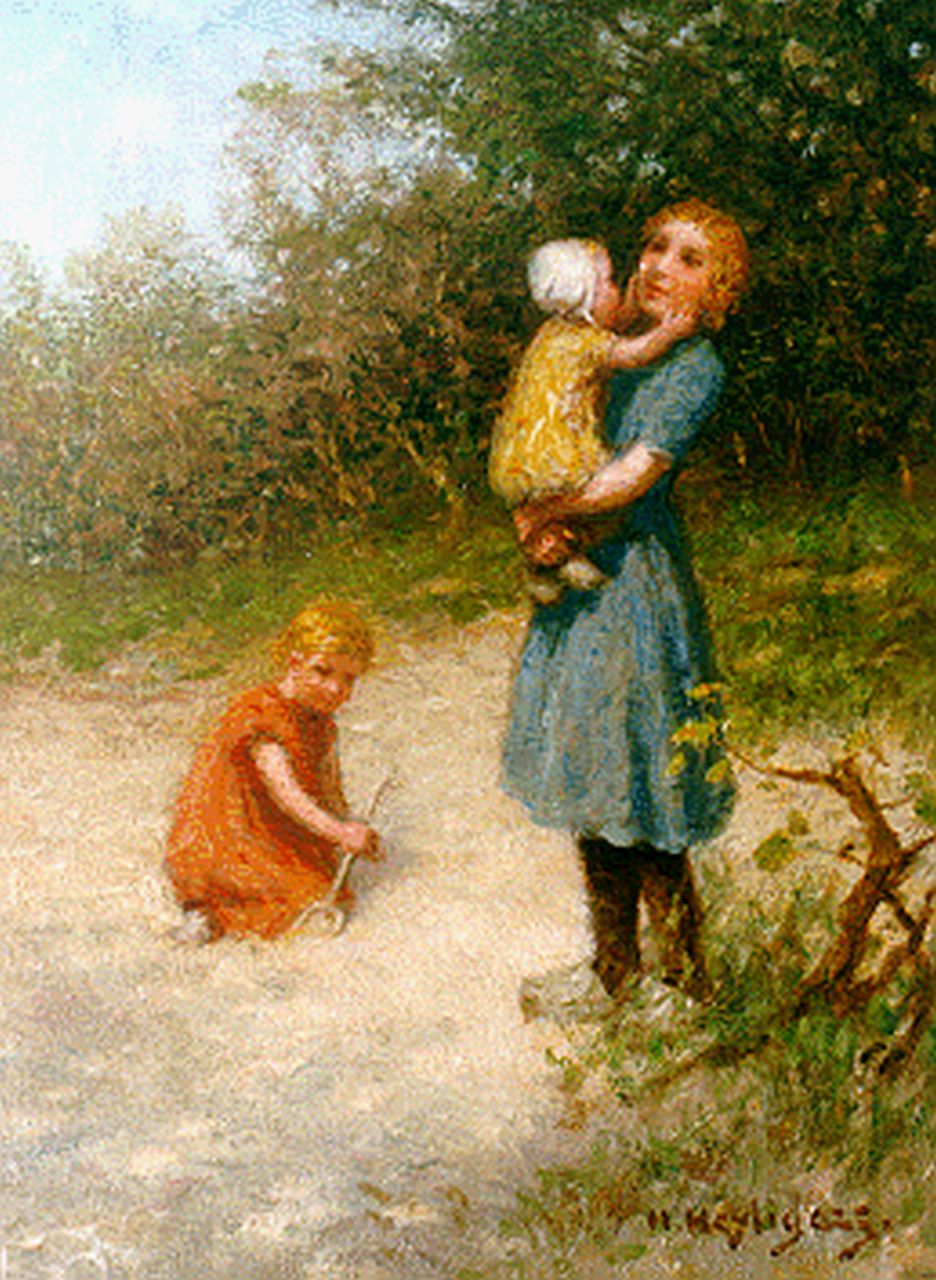 Heijligers H.  | Hendrik 'Henri' Heijligers, Spelende kinderen in het bos, olieverf op doek 40,3 x 30,4 cm, gesigneerd rechtsonder