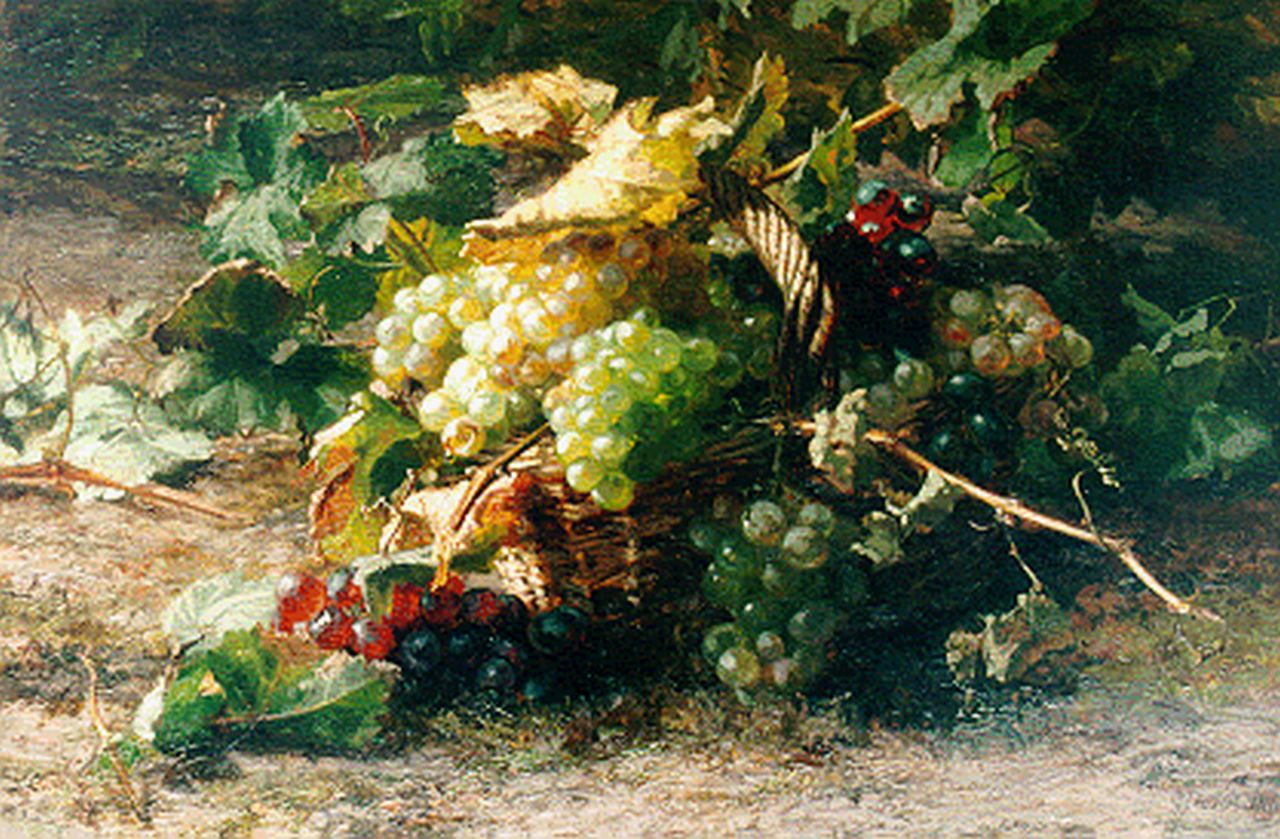Sande Bakhuyzen G.J. van de | 'Gerardine' Jacoba van de Sande Bakhuyzen, Fruitstilleven met druiven en ranken in rieten mand, olieverf op doek 50,8 x 75,7 cm, gesigneerd rechtsonder