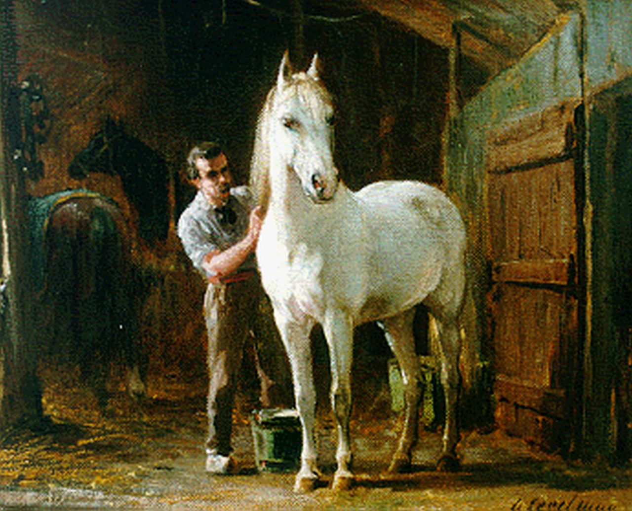 Eerelman O.  | Otto Eerelman, Schimmel met verzorger in de stal, olieverf op doek 24,0 x 29,2 cm, gesigneerd rechtsonder