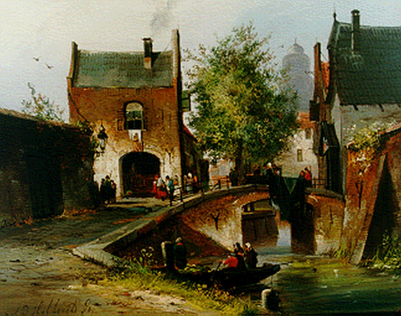 Hilleveld A.D. | Adrianus David Hilleveld, Stadsgezicht met figuren op weg naar een markt, olieverf op paneel 27,0 x 34,1 cm, gesigneerd linksonder en gedateerd '64 Hilleveld A.D. | Adrianus David Hilleveld, Stadsgezicht met figuren op weg naar een markt, olieverf op paneel 27,0 x 34,1 cm, gesigneerd linksonder en gedateerd '64