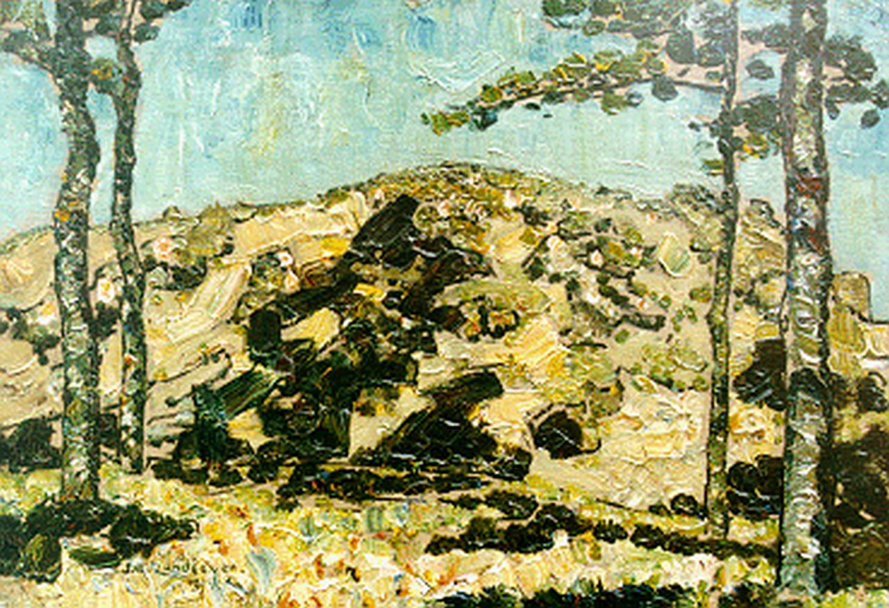 Zandleven J.A.  | Jan Adam Zandleven, Bomen in een heuvellandschap, olieverf op doek op paneel 35,0 x 50,0 cm, gesigneerd linksonder en gedateerd 1914