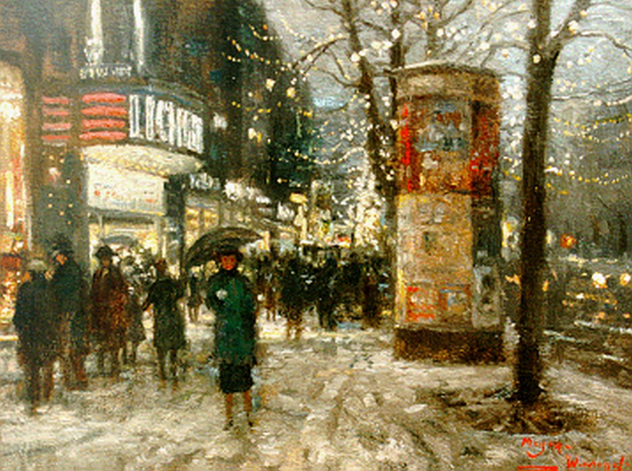 Meyer-Wiegand R.D.  | Rolf Dieter Meyer-Wiegand, Winteravond in de Konigsallee, Düsseldorf, olieverf op doek op paneel 17,9 x 24,2 cm, gesigneerd rechtsonder