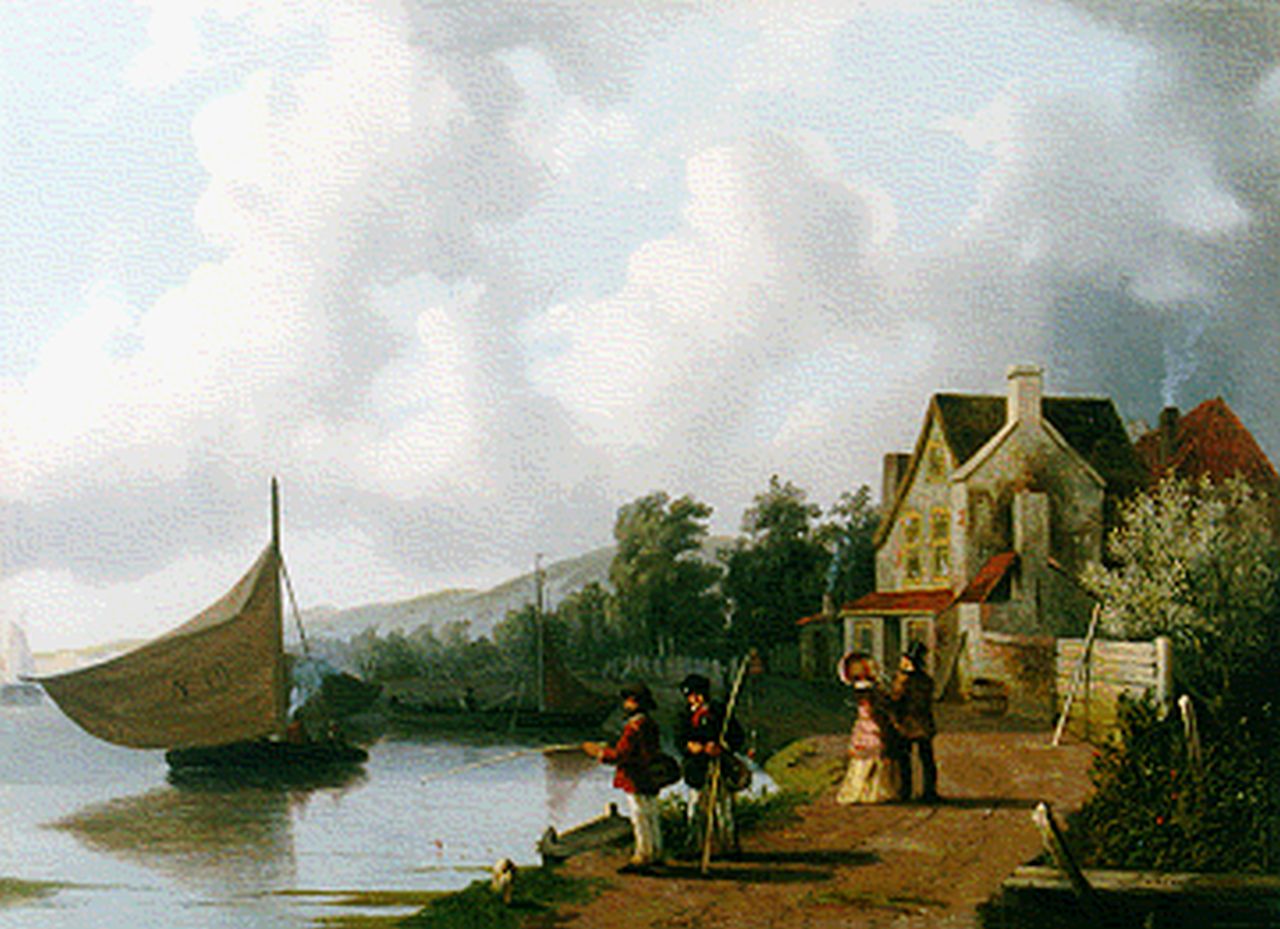 Bles J. | Joseph Bles, Figuren op een pad langs een rivier, olieverf op paneel 25,4 x 34,9 cm, gesigneerd rechtsonder Bles J. | Joseph Bles, Figuren op een pad langs een rivier, olieverf op paneel 25,4 x 34,9 cm, gesigneerd rechtsonder