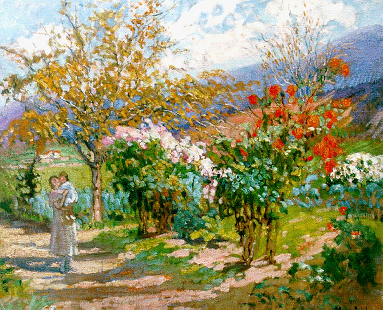 Réol M.M.  | Marie Marguérite Réol, Le pied de dahlias roses, olieverf op doek 60,0 x 73,0 cm, gesigneerd rechtsonder