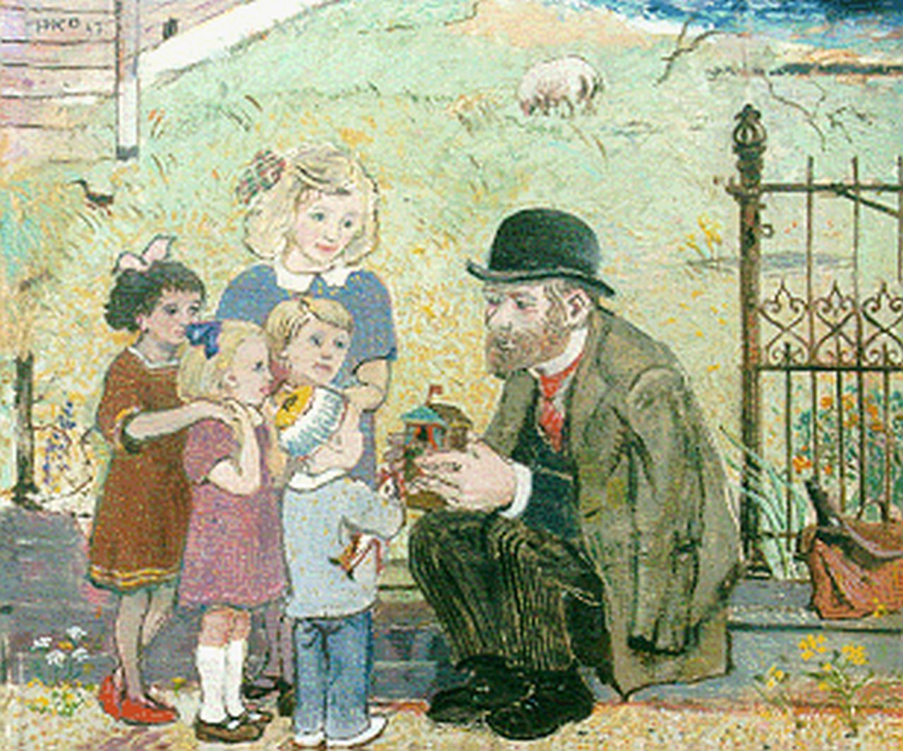 Kamerlingh Onnes H.H. | 'Harm' Henrick Kamerlingh Onnes, Het muziekdoosje, olieverf op doek op paneel 33,8 x 40,2 cm, gesigneerd linksboven met initialen H.K.O. en gedateerd '47 Kamerlingh Onnes H.H. | 'Harm' Henrick Kamerlingh Onnes, Het muziekdoosje, olieverf op doek op paneel 33,8 x 40,2 cm, gesigneerd linksboven met initialen H.K.O. en gedateerd '47