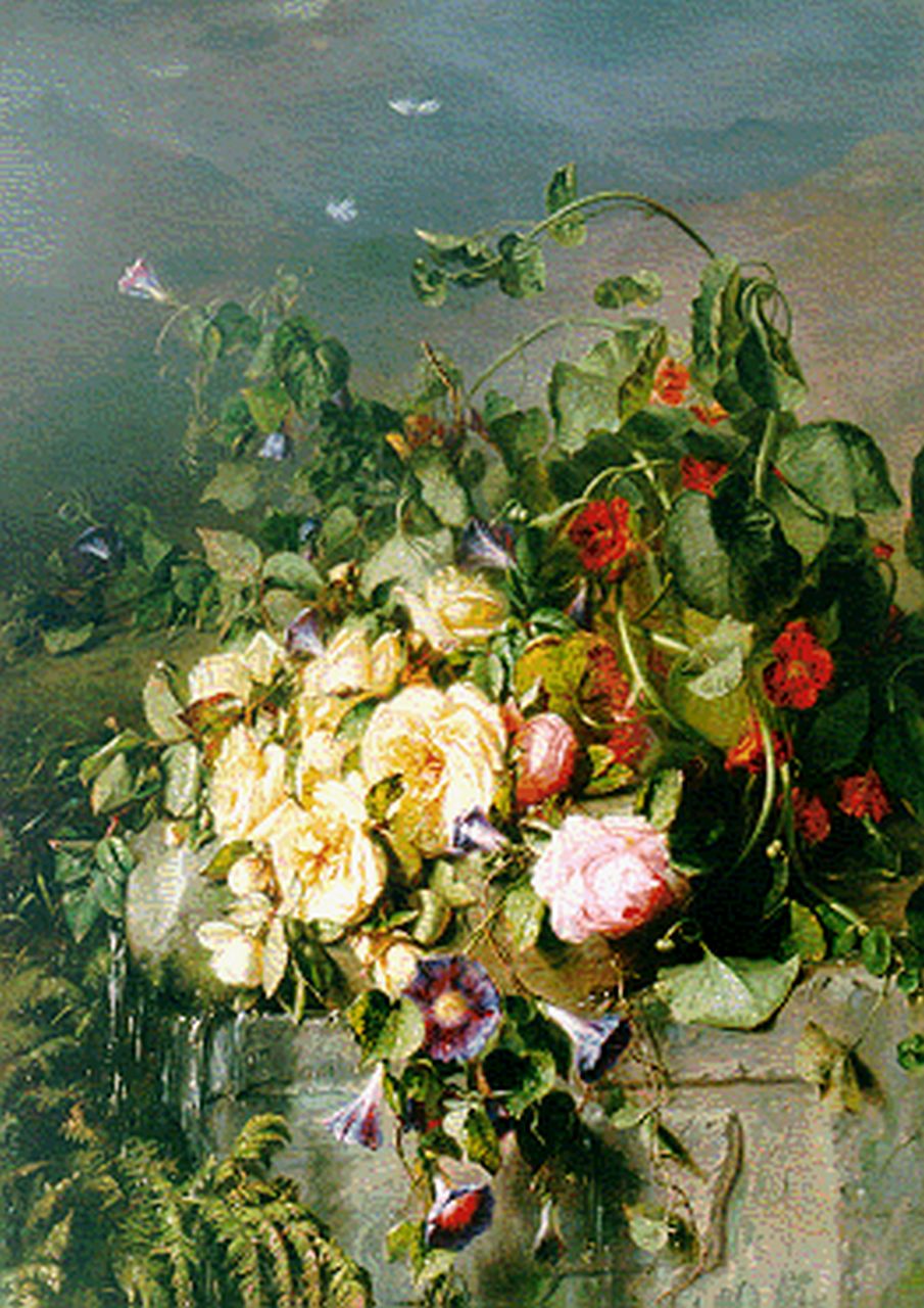 Haanen A.J.  | Adriana Johanna Haanen, Stilleven van rozen en een haagwinde, olieverf op doek 101,4 x 72,2 cm, gesigneerd rechtsonder
