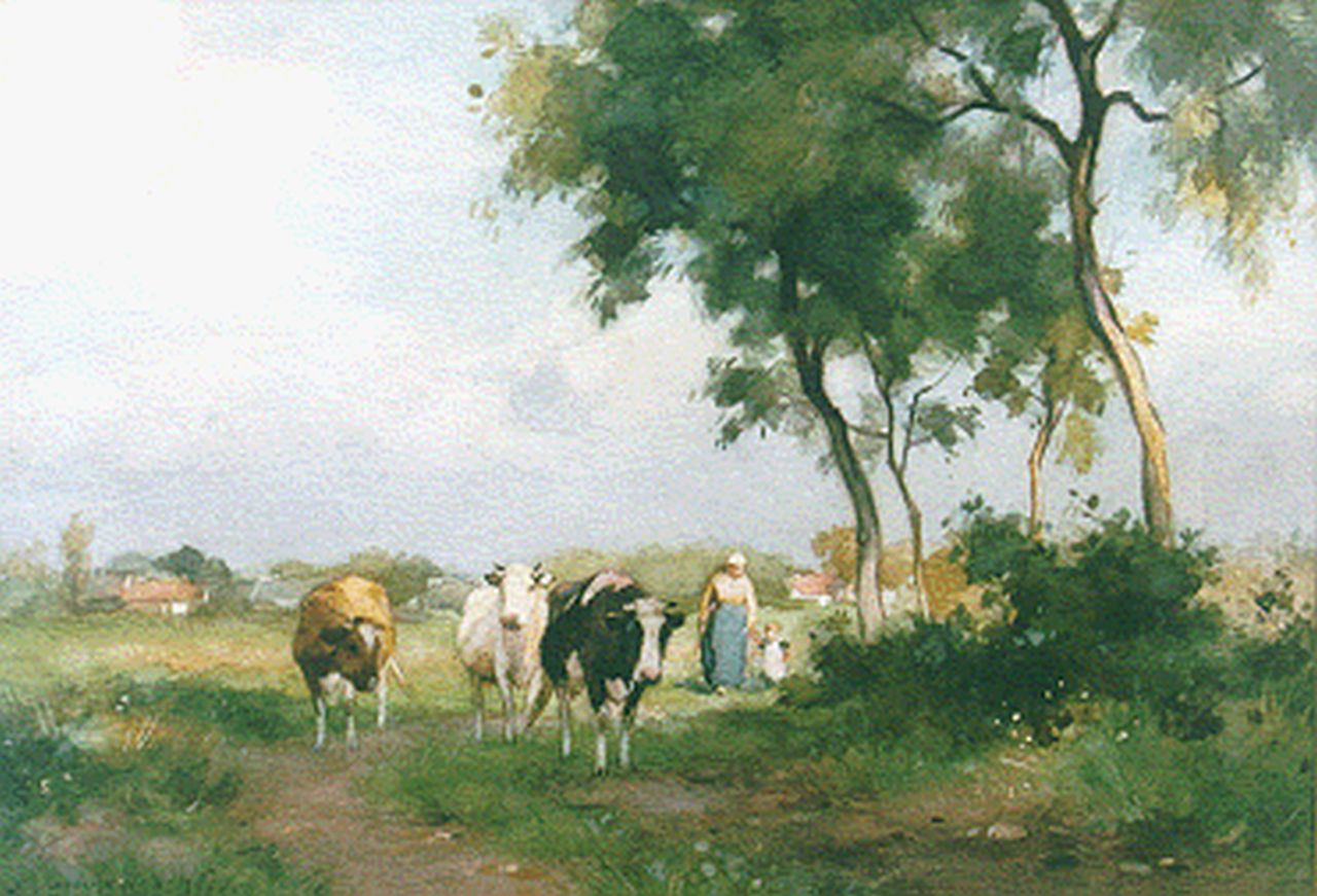 Groenewegen A.J.  | Adrianus Johannes Groenewegen, Moeder en kind met vee in de weide, aquarel op papier 22,6 x 31,6 cm, gesigneerd linksonder