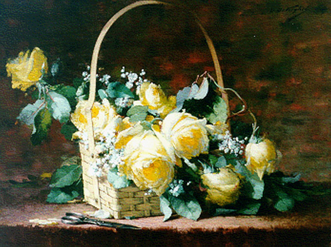 Keghel D. de | Désiré de Keghel, Stilleven met rozen in rieten hengselmand, olieverf op doek 45,4 x 60,2 cm, gesigneerd rechtsboven