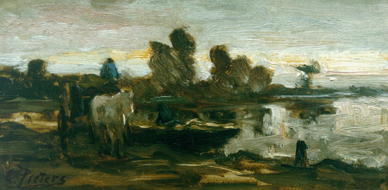 Pieters E.  | Evert Pieters, Landschap met boeren en paard en wagen, olieverf op paneel 14,5 x 28,3 cm, gesigneerd linksonder