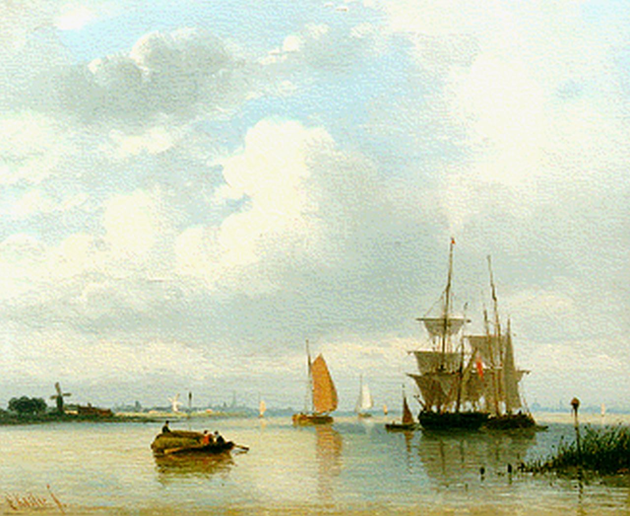 Koster E.  | Everhardus Koster, Schepen in een riviermonding, olieverf op paneel 17,8 x 22,1 cm, gesigneerd linksonder