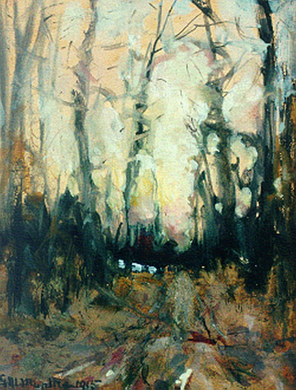 Munthe G.A.L.  | Gerhard Arij Ludwig 'Morgenstjerne' Munthe, Bosweggetje, aquarel op papier 12,9 x 9,9 cm, gesigneerd linksonder en gedateerd 1915