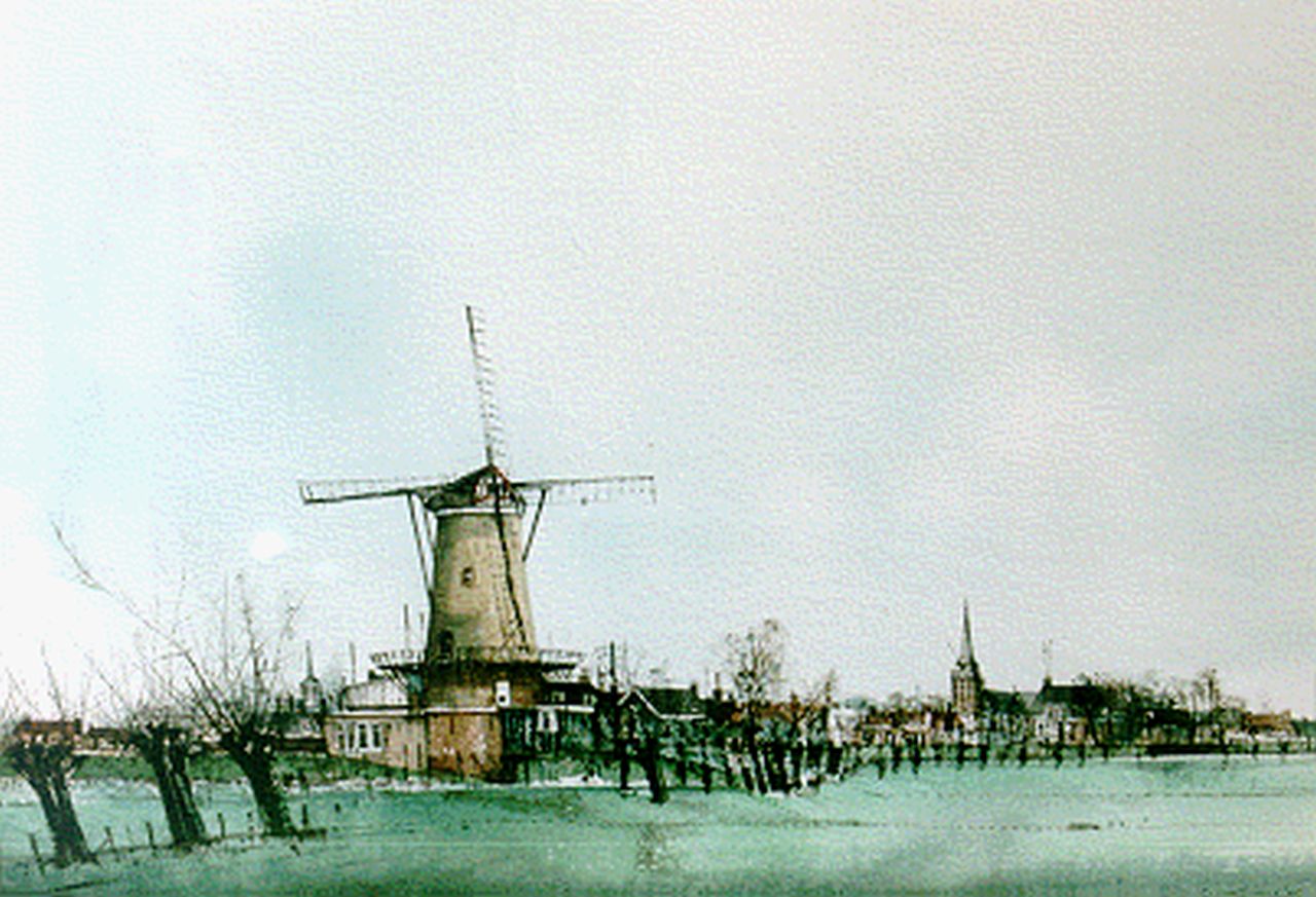 Siewert F.  | Feliciano 'Ciano' Siewert, Landschap met molen, gemengde techniek op papier 62,5 x 44,5 cm, gesigneerd rechtsonder en gedateerd '86