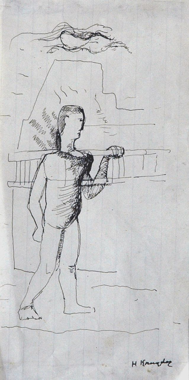 Kruyder H.J.  | 'Herman' Justus Kruyder, Man met ladder, pen en inkt op papier 19,4 x 9,7 cm, gesigneerd rechtsonder