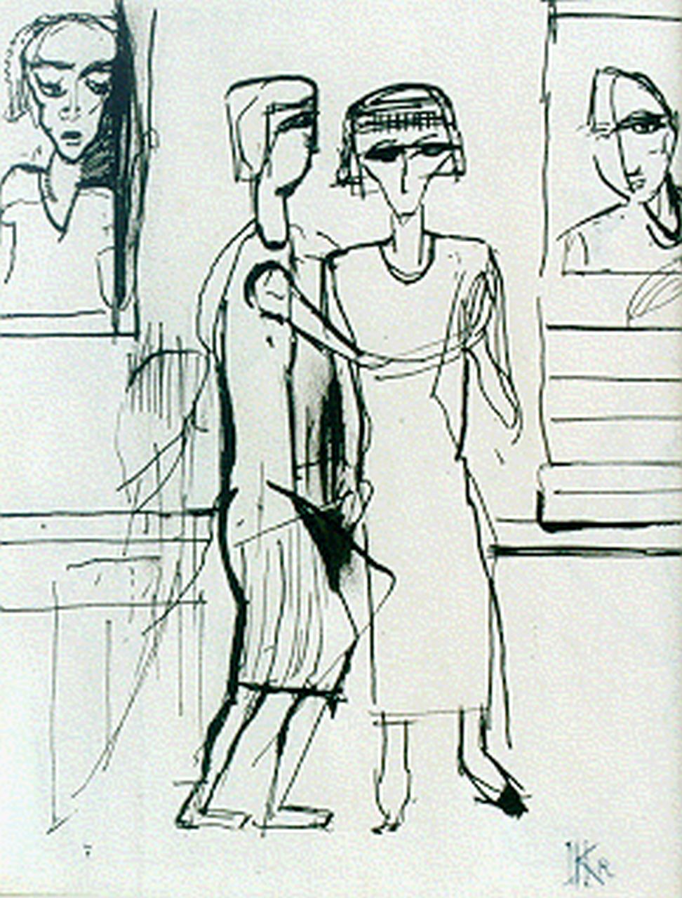 Kruyder H.J.  | 'Herman' Justus Kruyder, Bezoek aan het museum verso: tekening met figuren, Oost-Indische inkt op papier 20,0 x 15,0 cm, gesigneerd monogram rechtsonder