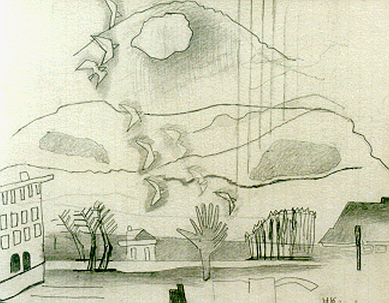 Kruyder H.J.  | 'Herman' Justus Kruyder, Landschap met opvliegende vogels, potlood op papier 19,7 x 24,8 cm, gesigneerd rechtsonder