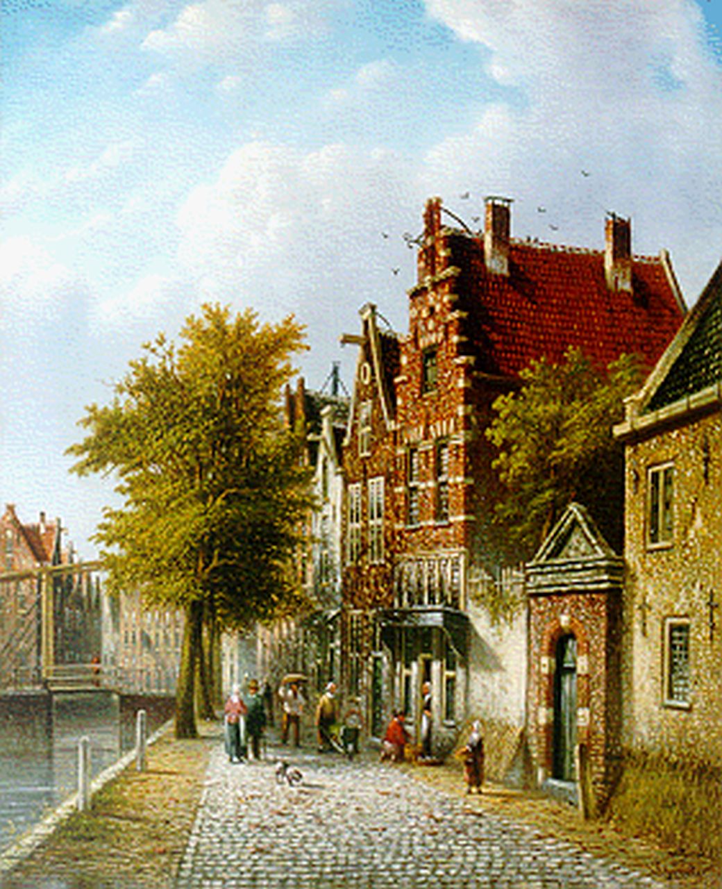 Spohler J.F.  | Johannes Franciscus Spohler, Zomers straatje met figuren, olieverf op doek 43,2 x 35,3 cm, gesigneerd rechtsonder
