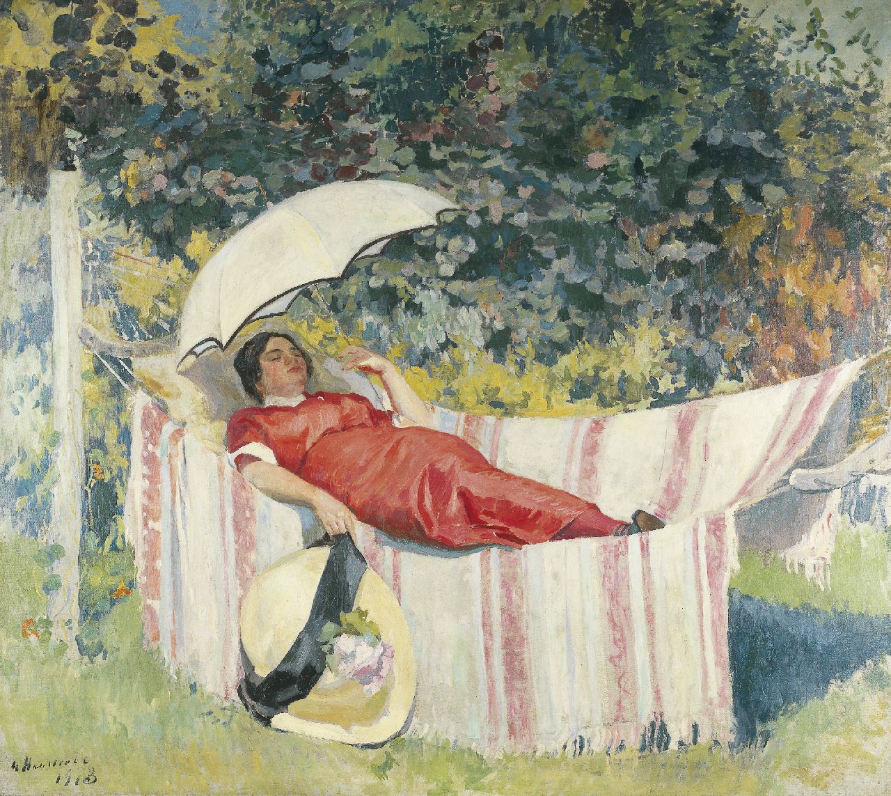 Haustrate G.  | Gaston Haustrate, Siësta in de hangmat, olieverf op doek 178,0 x 202,0 cm, gesigneerd linksonder en gedateerd 1913