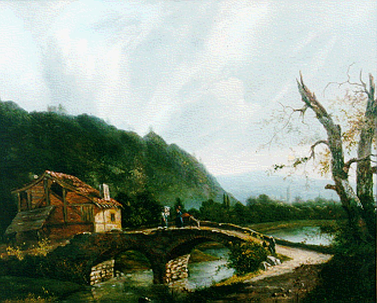 Nooteboom J.H.J.  | Jacobus Hendricus Johannes  Nooteboom, Berglandschap met figuren op een brug, olieverf op paneel 35,3 x 43,1 cm, gesigneerd rechtsonder