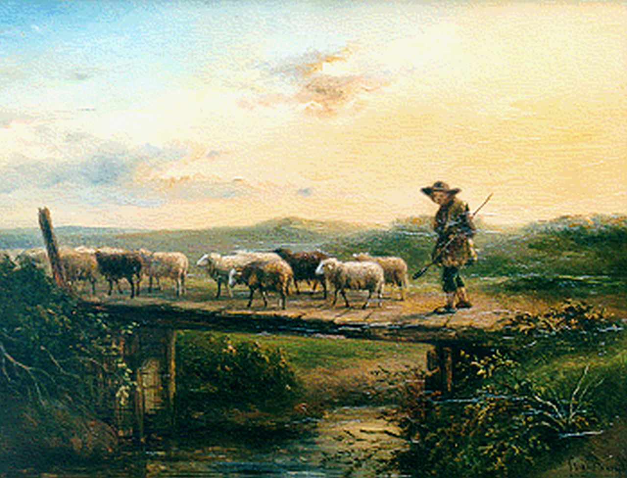 Berg S. van den | Simon van den Berg, Herder met kudde schapen, olieverf op paneel 24,0 x 31,3 cm, gesigneerd rechtsonder