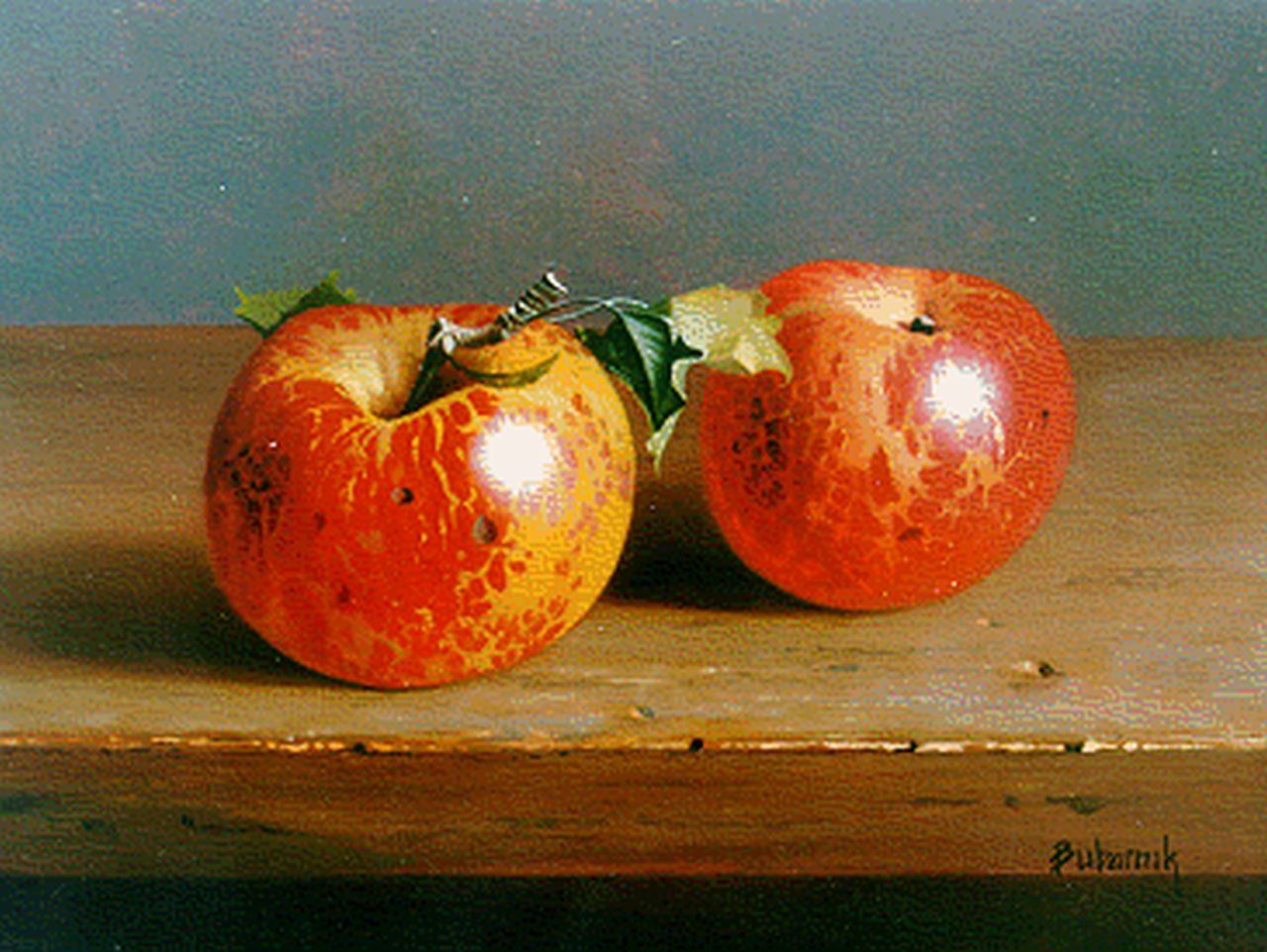 Bubarnik G.  | Gyula Bubarnik, Stilleven met appels, olieverf op paneel 17,9 x 23,9 cm, gesigneerd rechtsonder