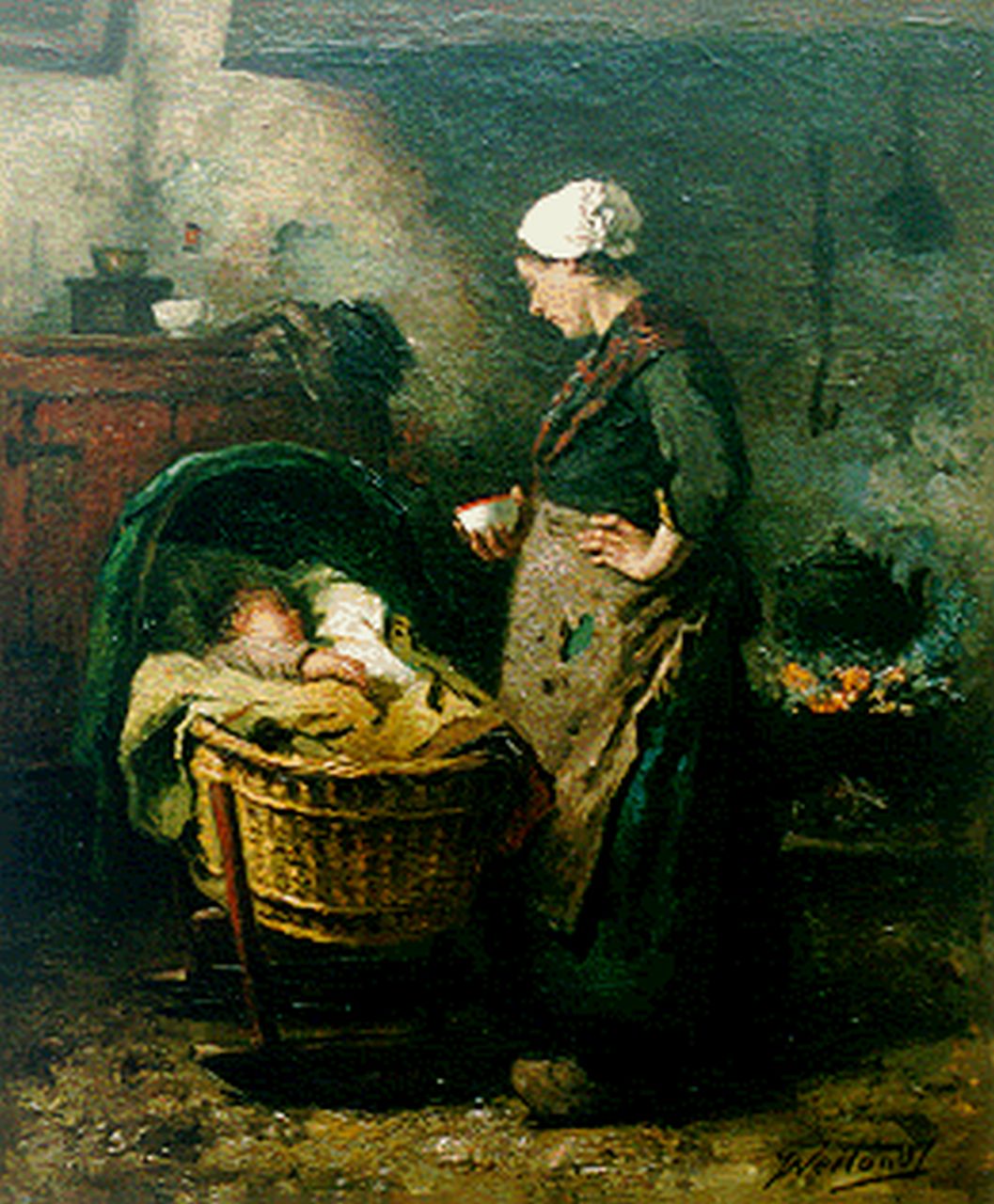 Weiland J.  | Johannes Weiland, Interieur met moeder en kind, olieverf op doek 65,5 x 54,3 cm, gesigneerd rechtsonder