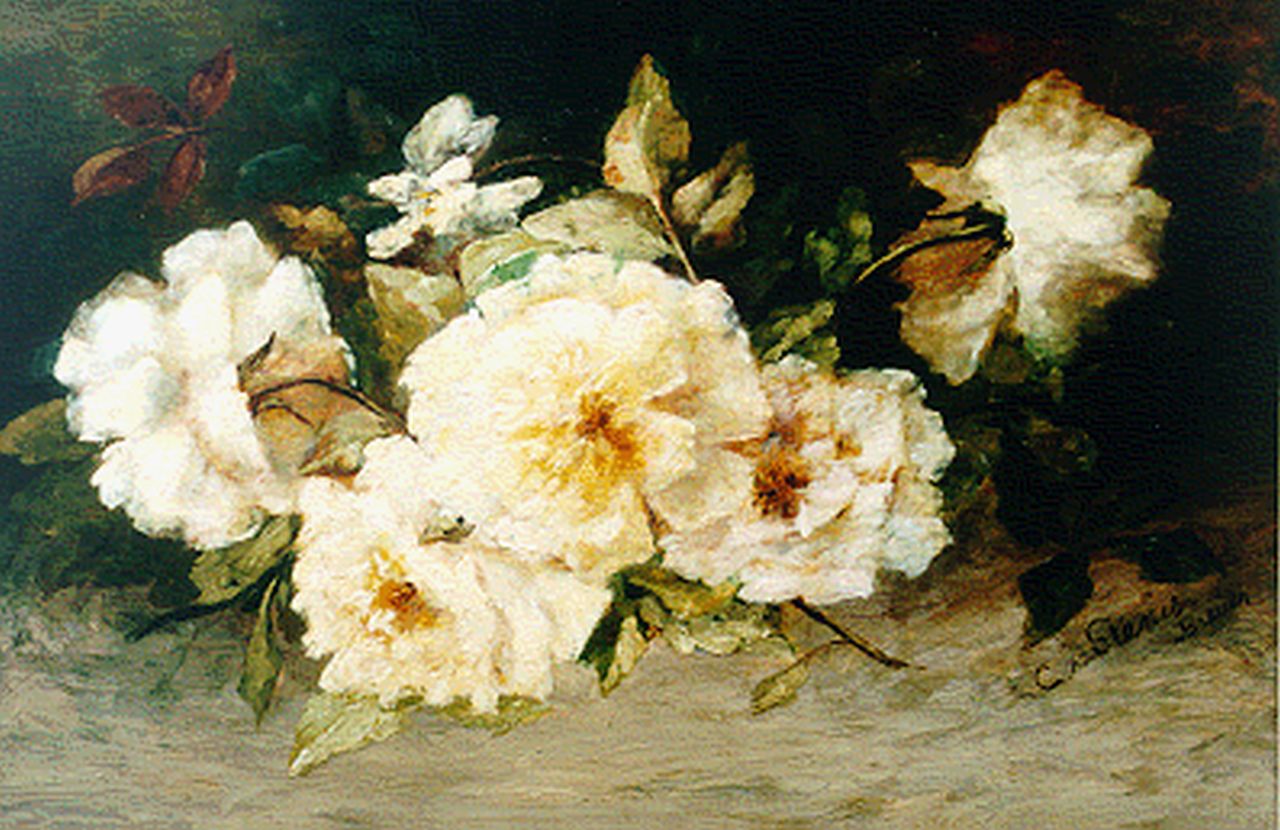 Stenis-Breuer C.F. van | 'Clara' Francina van Stenis-Breuer, Stilleven van gele rozen, olieverf op paneel 35,7 x 53,2 cm, gesigneerd rechtsonder