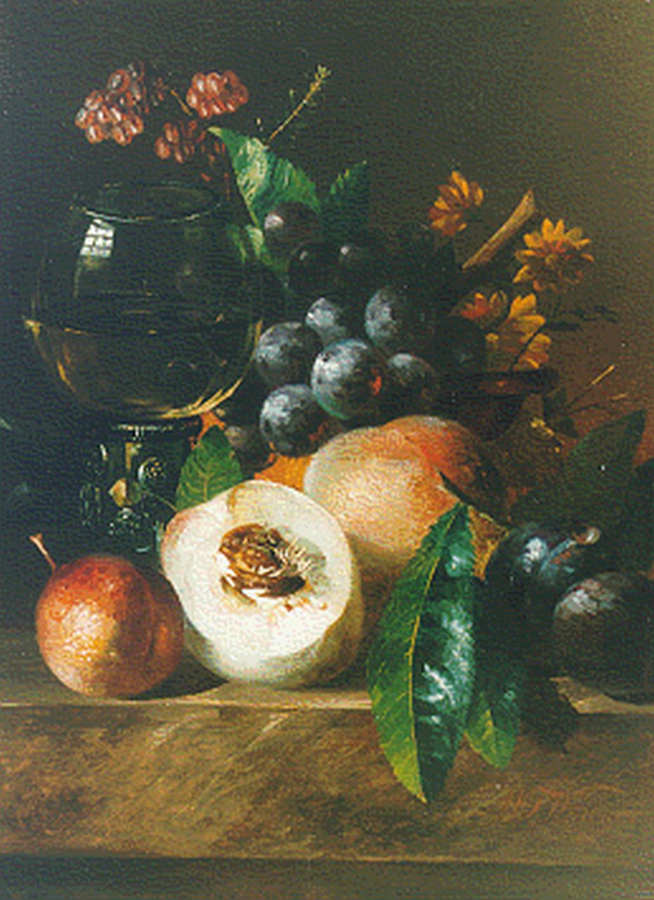 Willem Frederik Weidner | Stilleven met perziken, druiven en een roemer, olieverf op paneel, 25,8 x 19,1 cm, gesigneerd r.o.