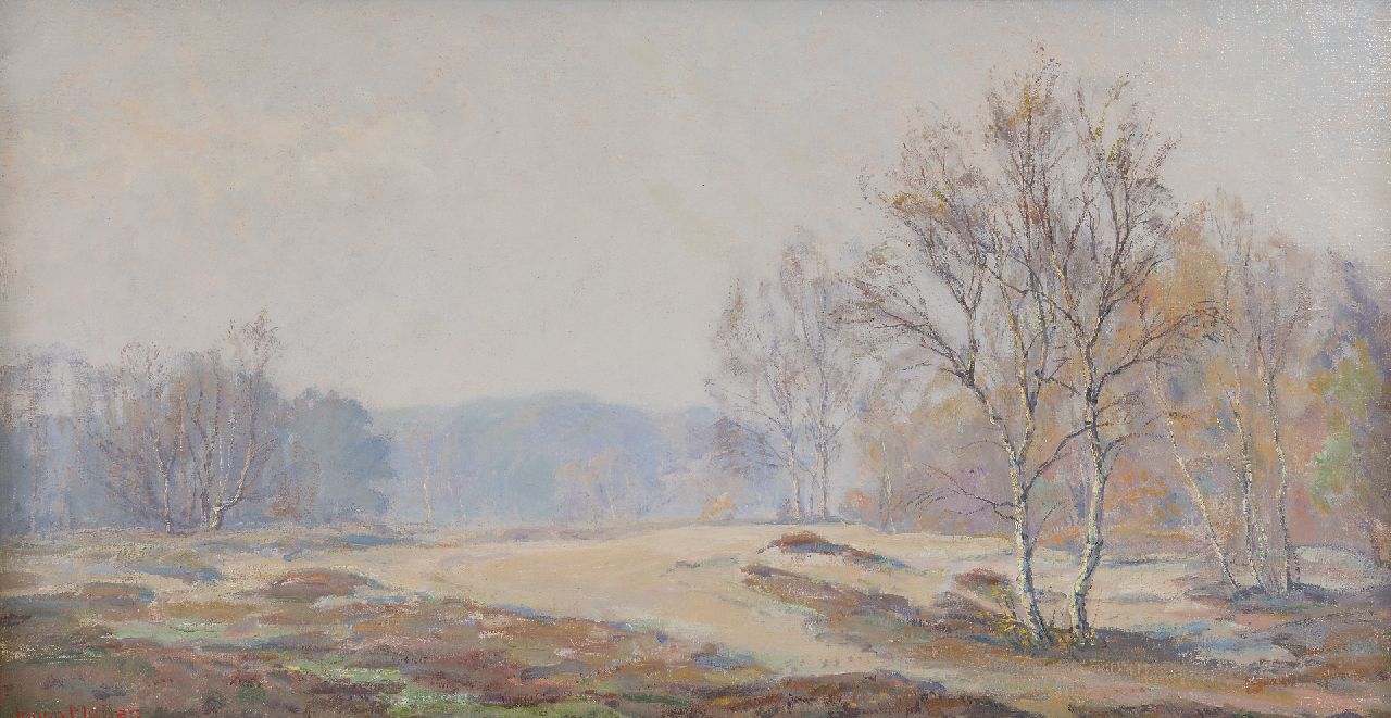 Meijer J.  | Johannes 'Johan' Meijer, Nevelige herfstmorgen, olieverf op doek 44,0 x 84,5 cm, gesigneerd linksonder