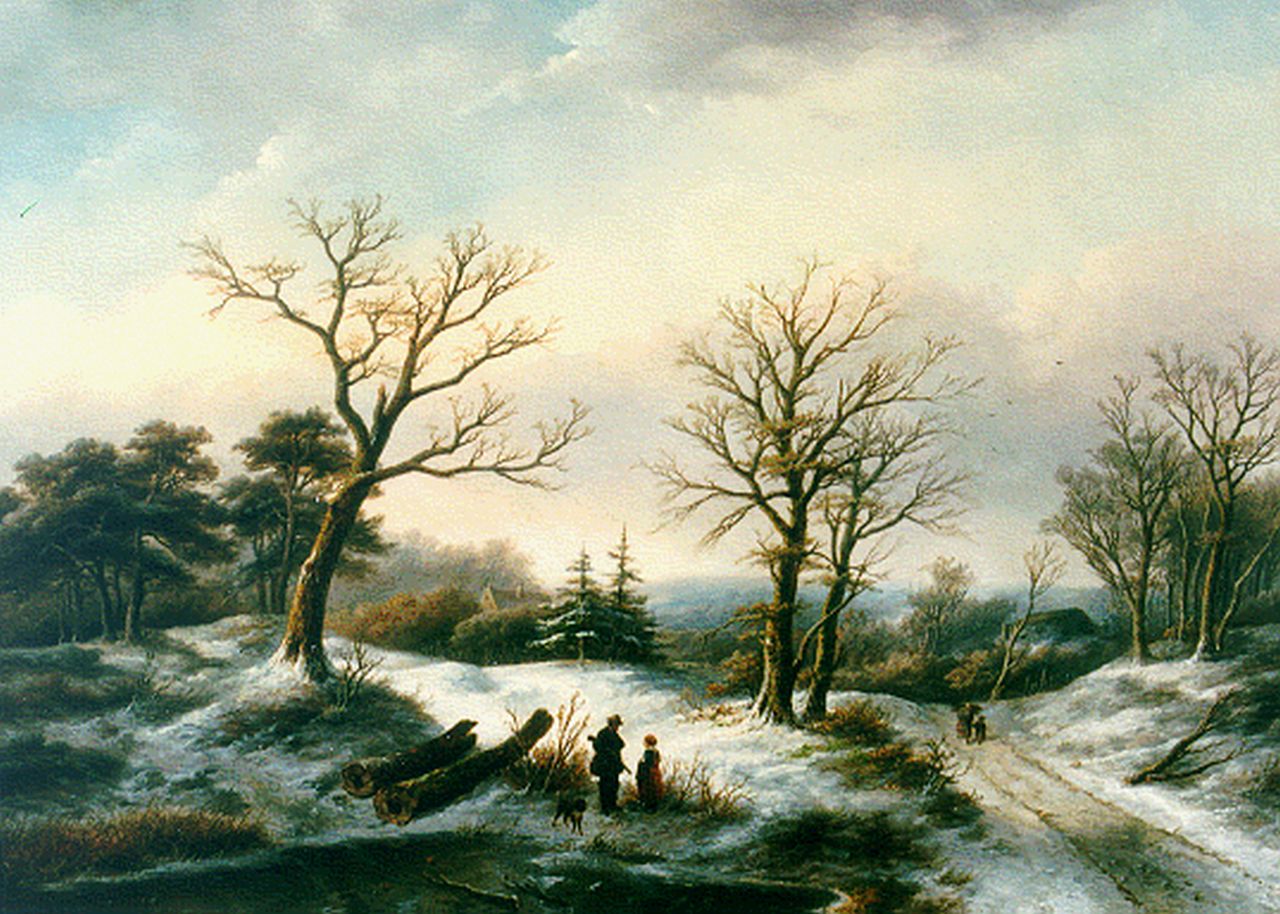Spohler J.J.  | Jan Jacob Spohler, Winterlandschap met jager en wandelaars, olieverf op doek 66,5 x 93,4 cm, gesigneerd linksonder