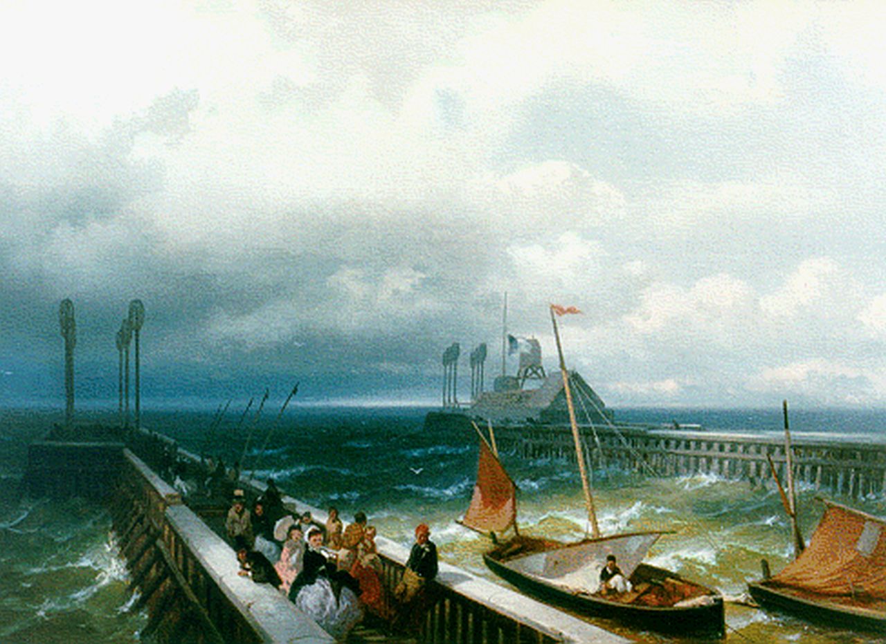 Breuhaus de Groot F.A.  | Frans Arnold Breuhaus de Groot, Wandelaars op de pier, olieverf op doek 33,4 x 45,9 cm, gesigneerd linksonder
