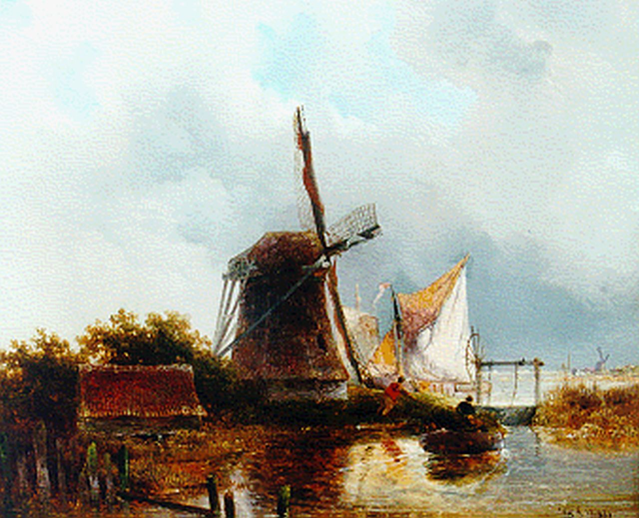 Roelofs W.  | Willem Roelofs, Rivierlandschap met molen, olieverf op paneel 23,7 x 28,8 cm, gesigneerd rechtsonder monogram en gedateerd 1841