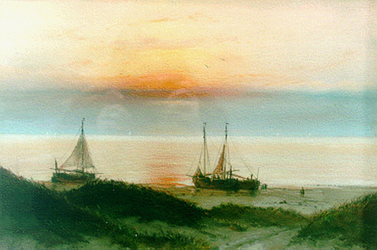 Smits J.G.  | Jan Gerard Smits, Zeilschepen op het strand bij ondergaande zon, pastel op papier 31,0 x 44,5 cm, gesigneerd linksonder en gedateerd aug. '69