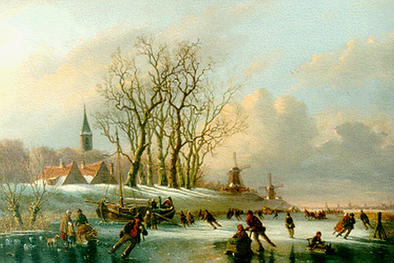 Meijier A.A. de | Anthony Andreas de Meijier, IJspret op een bevroren poldervaart, olieverf op paneel 45,7 x 67,6 cm