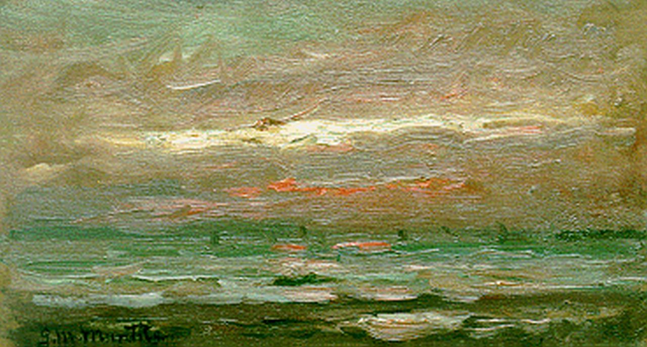 Munthe G.A.L.  | Gerhard Arij Ludwig 'Morgenstjerne' Munthe, Zeegezicht bij avondschemer, olieverf op paneel 12,0 x 21,2 cm, gesigneerd linksonder