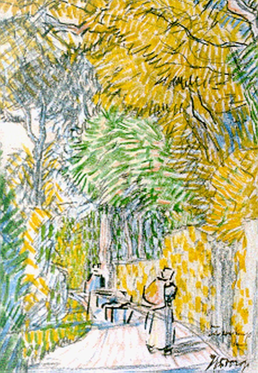 Toorop J.Th.  | Johannes Theodorus 'Jan' Toorop, Laantje met wandelaars, gekleurd krijt op papier 15,6 x 11,2 cm, gesigneerd rechtsonder